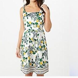 TOZ & ALI Lemon Print Fit Flare Dress Square White Yellow Green S 2‎